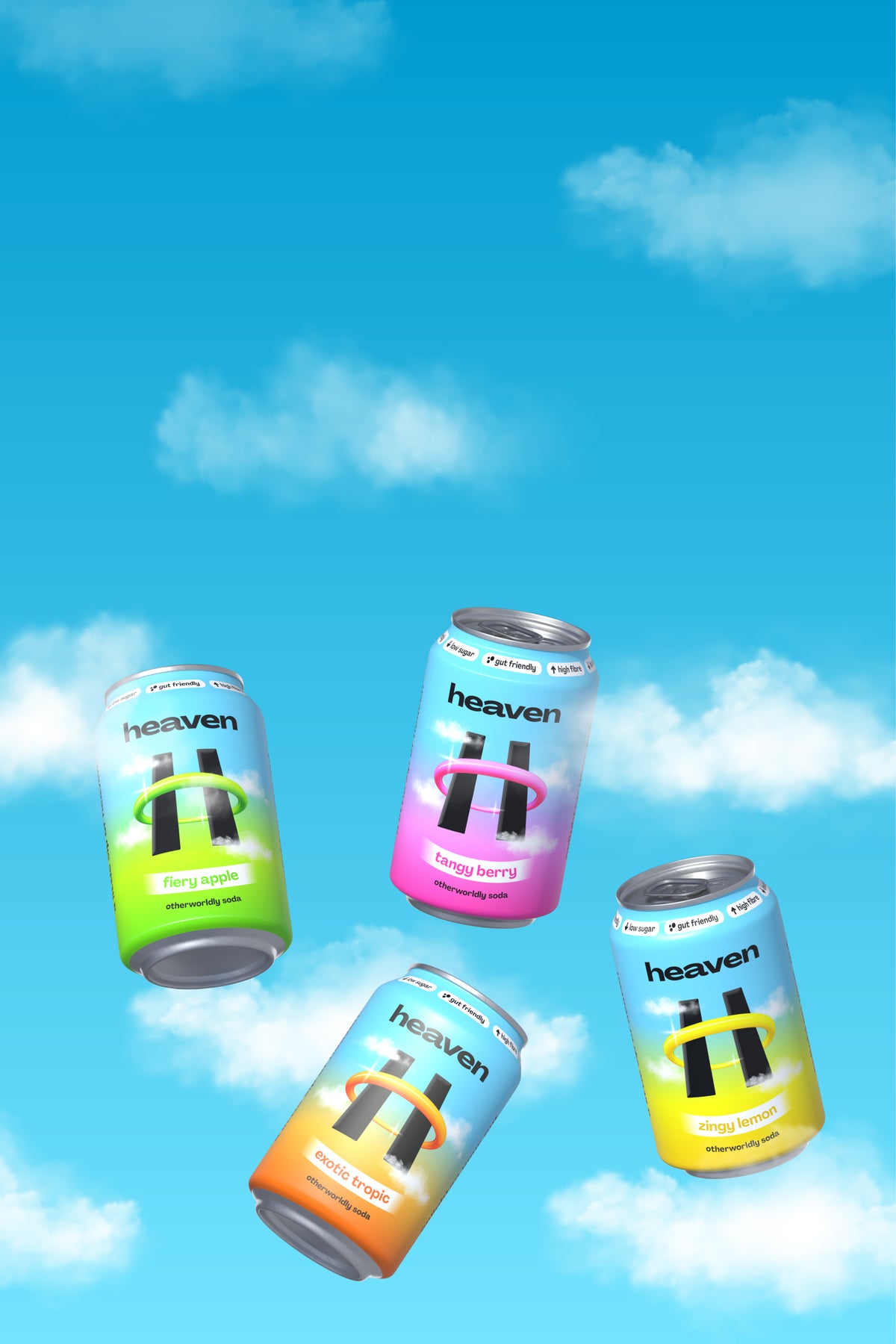 Four Heaven Soda cans – bold-flavour, gut-friendly, low-sugar probiotic drinks in raspberry, ginger, lemon, and tropical flavours.