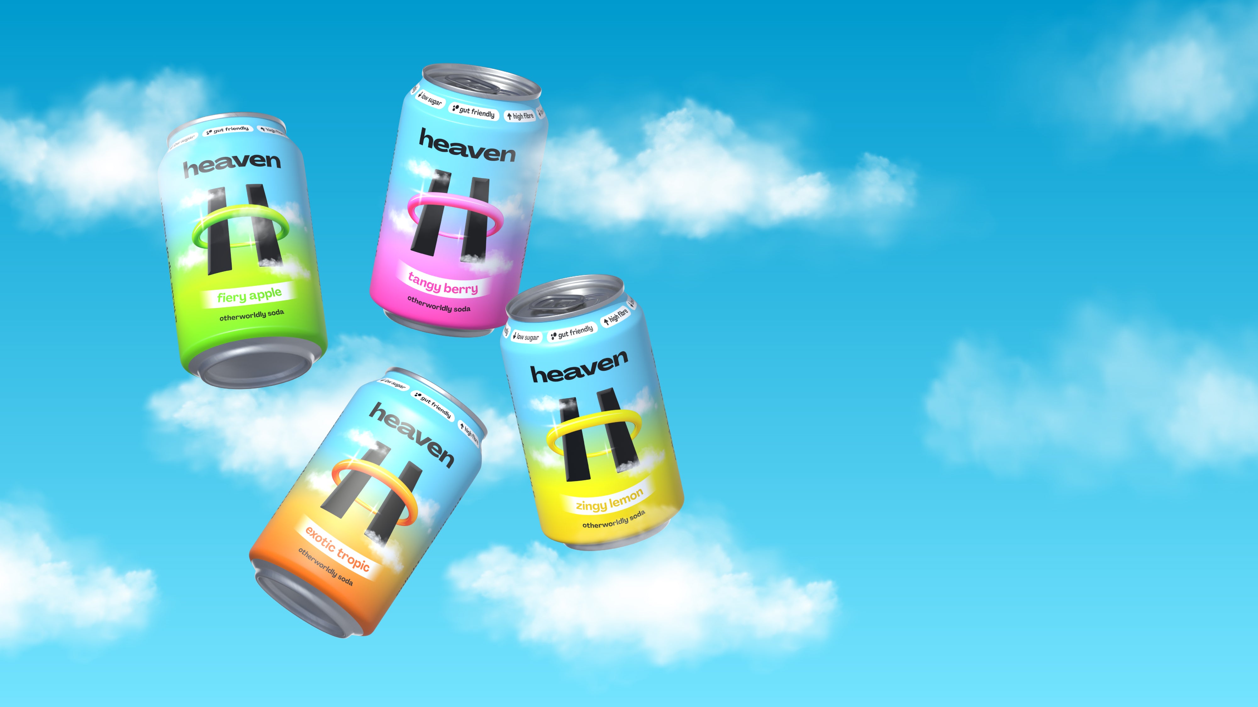 Four Heaven Soda cans – bold-flavour, gut-friendly, low-sugar probiotic drinks in raspberry, ginger, lemon, and tropical flavours.