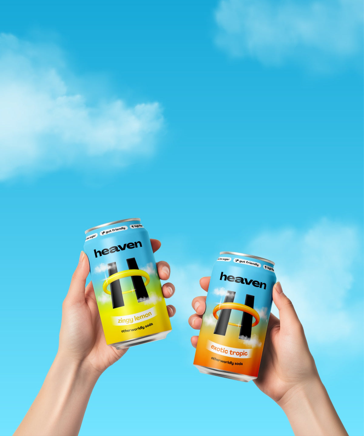 Two Heaven Soda cans – refreshing, gut-friendly, low-sugar drinks for a healthy soda alternative.